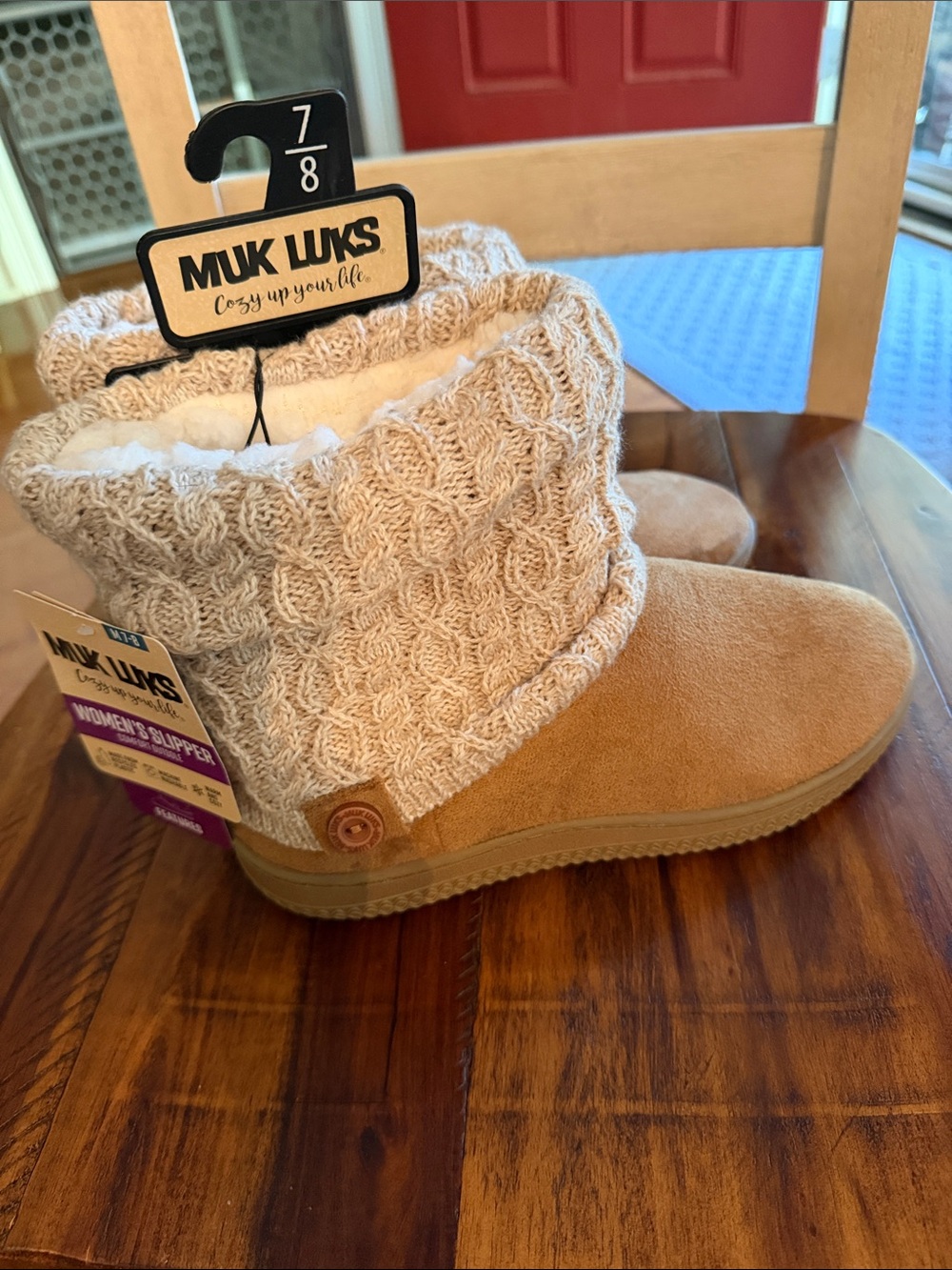 Muk Luks Tan Knit Cuff Slip-On Slipper Boots